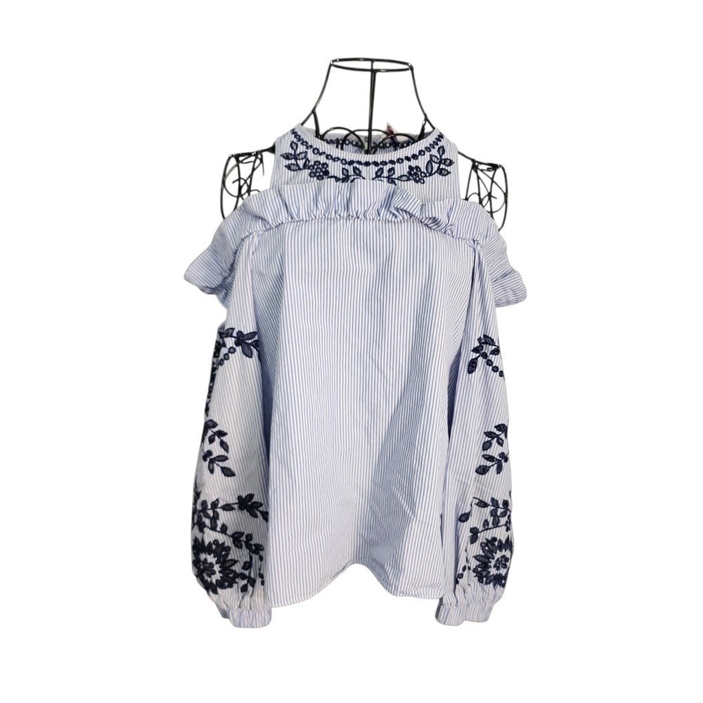Parker Cold Shoulder Top Women XS Blue Pinstripe Boho Embroidered Designer Chic